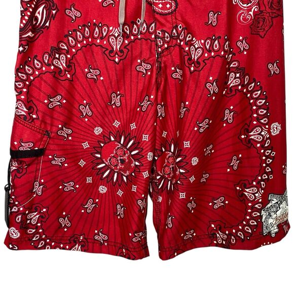 Billabong Board Shorts Mens 32 Red Swim Trunks Y2K Bandana Paisley Skulls Pistol - Picture 5 of 11